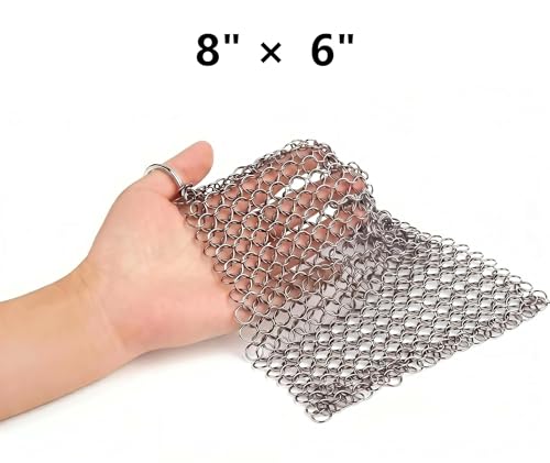 8"x6" Cast Iron Scrubber Stainless Steel Chainmail Cleaner for Pre-Seasoned Pans, Griddles, BBQ Grill and Pot Cookware Cleaning