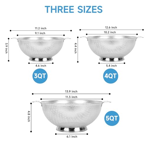 Colander for Kitchen, 3QT, Stainless Steel Colander Strainer with Handle for Fruits Vegetables Cooking Food, Dishwasher Safe - size: 3QT