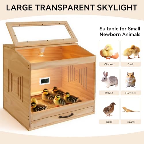 Brooder Box for Chicks, Wooden Chicken Brooder with Heat Lamp | Thermometer included, Clear acrylic panels, Slide-out mesh drawer, 5 disposable liners, Cleaning tools, Easy assembly