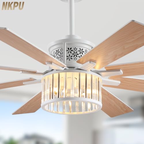 NKPU 52" Farmhouse Crystal Ceiling Fans with Lights and Remote, Chandelier Industrial Ceiling Fan with Dual 8 Blades, 6 Speed Reversible Motor, Timing, White Ceiling Fan for Living room, Bedroom - color: White