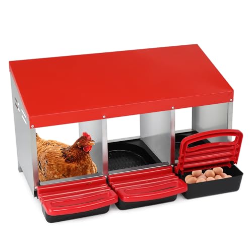 Chicken Nesting Boxes, 3 Compartments, Galvanized Steel | Roll Away Laying Nest Box, Removable Egg Drawer, Protects Eggs, Easy Egg Collection