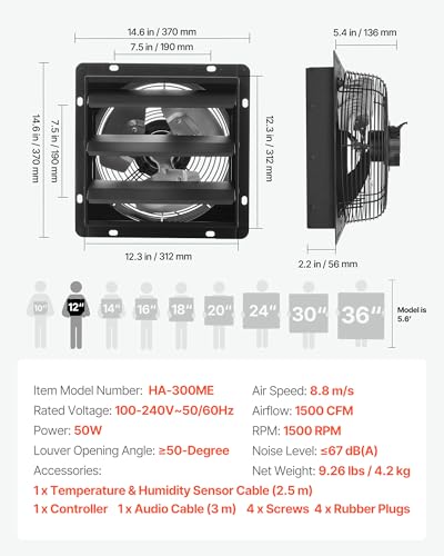 VEVOR 12 inch Exhaust Fan, Wall Mounted Attic Fan with Variable Speed, Temperature & Humidity Controller, 1500 CFM, Automatic Shutter | 1500 CFM Wall Mounted Attic Fan Automatic Shutter, EC Motor & Timer, Ventilation Cooling for Garage, Greenhouse, Shed,
