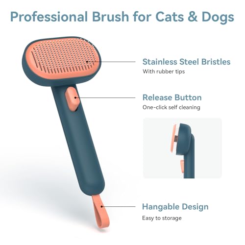 Aumuca Skin Friendly Self-Cleaning Slicker Brush for Dogs & Cats, Gentle Pet Grooming Tool for Shedding & Deshedding, Efficient Hair Remover for Long & Short Haired Pets | Self Cleaning Pet Brush for Long or Semi-Short Haired Cats, Removing Loose Fur & Ta