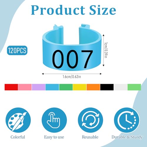 120 Pcs Chicken Leg Bands, 10 Color Numbered Chicken Leg Rings Identification Band Chick Tags for Legs Poultry Foot Rings Legs Bands for Poultry Identification, Number Arrangement 1-12 (16mm)