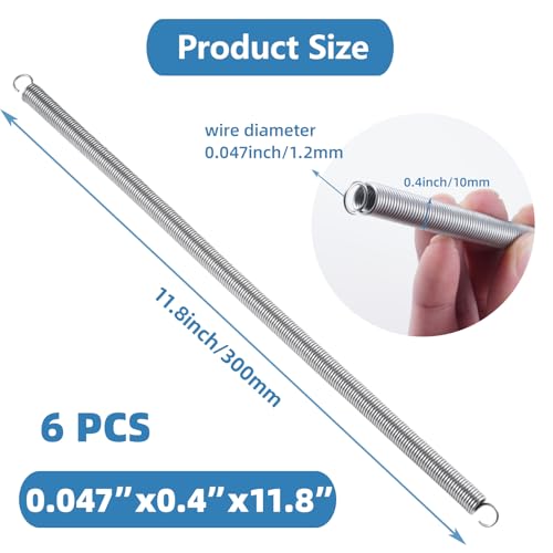 6pcs Extension Springs,0.047"x0.4"x11.8" 304 Stainless Steel | Extension Springs with hook ends 11.8inch - size: 0.047"x0.4"x11.8"
