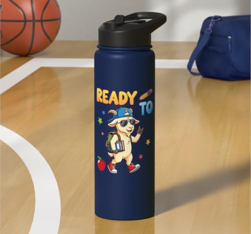 Ready To Learn Goat Student Back To School Kids Boy Girl Stainless Steel Insulated Water Bottle - color: Navy Blue