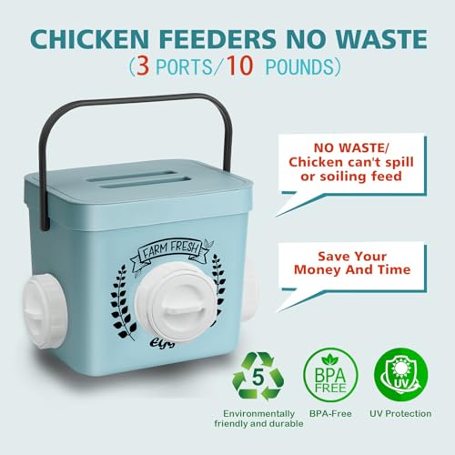 ‎Tgeyd Chicken Feeder, 10 LB Chicken Coop Accessories, Chicken Feeders No Waste for Chicks and Hens, Waterproof Automatic Chicken Feeder, Hanging Chicken Feeder with 3 Ports (Patent Product)