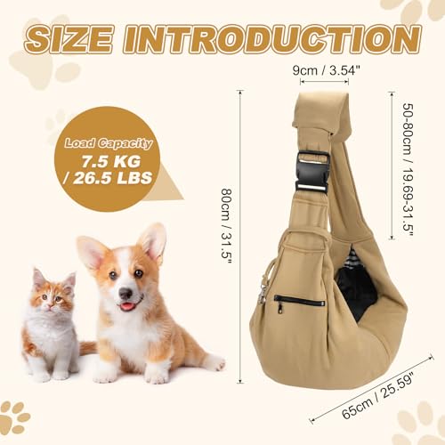 Dog Sling Carrier for Small Dogs and Cats Up to 16.5 Lbs, Breathable with Shoulder Pad Pet Crossbody Shoulder Bag, (Khaki, 1 Pcs) Intended for Outdoor/Camp/Travel - color: Khaki