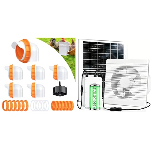 Chicken Feeder Port 6 Pack, Solar Fan for Chicken Coop with Battery