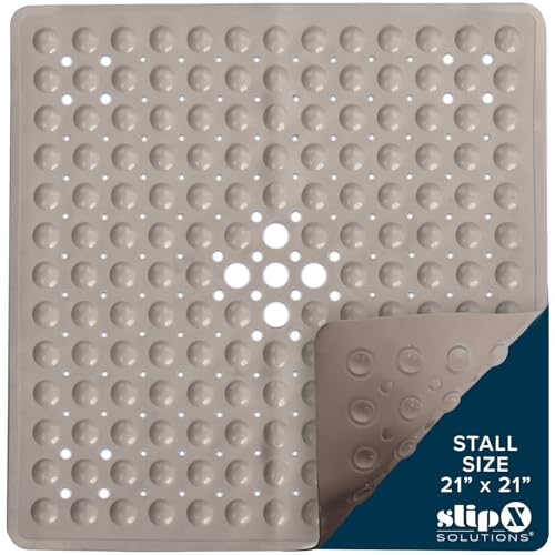 SlipX Solutions 21" Square Non Slip Shower Stall & Bathtub Mat, Tan | Anti Slip Essential Shower Mat For Bathers Of All Ages, 25% Stronger Suction Cups, Soft Underfoot, Machine Washable - color: Tan
