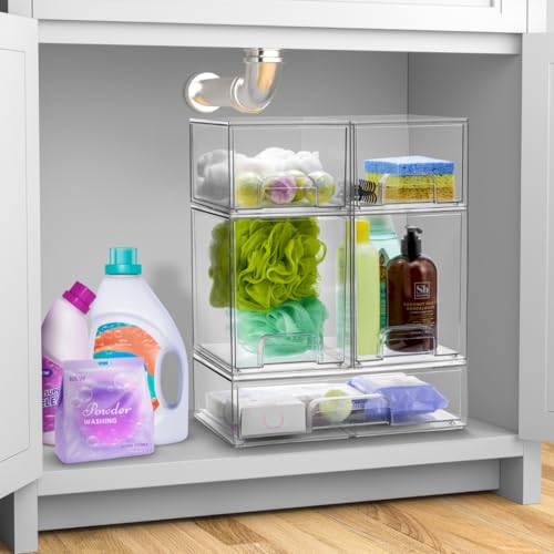 Sorbus Clear Stackable Storage Drawers (2 Pack, 7.6'' and 4.4'' Tall) | Acrylic containers with pull-out bins keep cosmetics, brushes and daily items sorted on bathroom counters or in cabinets. - size: 2 Pack, 7.6’’ and 4.4’’ Tall