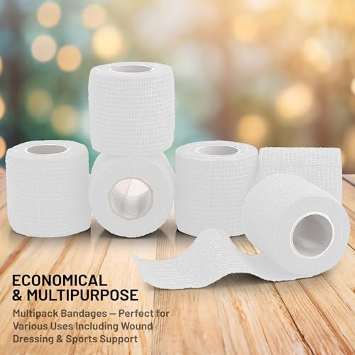 6 Pack, Self Adherent Cohesive Tape - 2” x 5 Yards, Self Adhesive Bandage Rolls & Sports Athletic Wrap for Ankle, Wrist, Knee Sprains and Swelling, Vet Wraps in White Color