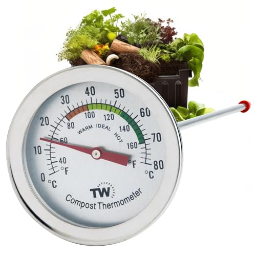 Compost Thermometer Stainless Steel Dial - Ideal Composting Soil Thermometer with 50MM Diameter C and F Dial and 295MM Compost Temperature Gauge Probe