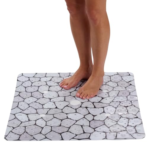 ENKOSI Square Shower Mat 27x27 inch - Anti Slip Shower Stall Floor Mat - Non Slip Shower Mats with Strong Secure Suction Cups and Drain Holes in Middle (27x27 Pebble) - color: Pebble