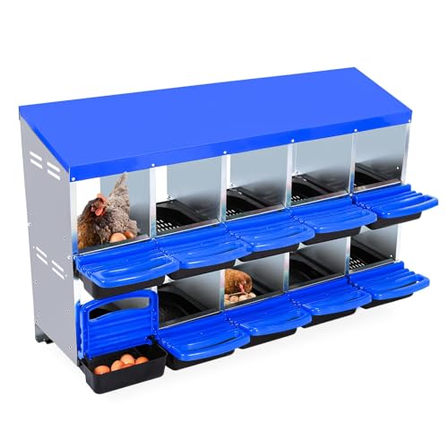 Chicken Nesting Box, 10 Compartment Roll Away Design for High-Volume Egg Collection and Easy Wall Mounting with Metal Legs - color: Blue, size: 10 holes