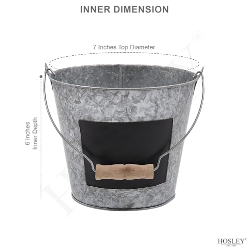 Hosley Galvanized Metal Chalkboard Bucket with Wooden Handle 7 Inch Dia – Set of 8 Rustic Farmhouse Floral Planter, Ideal for Home Décor, Office, Party, Wedding, Indoor, Outdoor or Tabletop Décor - size: 8 count