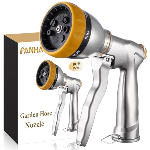 FANHAO Heavy Duty Metal Garden Hose Nozzle, High Pressure Sprayer Leakproof | 7 Adjustable Spray Patterns, Rustproof Zinc Alloy, Hands-Free Lock, Shockproof Bezel Water Nozzle for Lawn, Plant, Car & Pet