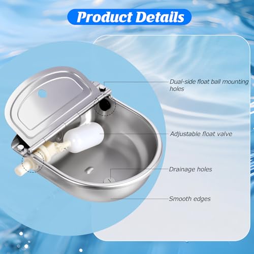 Automatic Chicken Waterer Stainless Steel with Drainage Hole | with Float Valve, Extended Pipe, Replacement Valve, Outdoor Auto Self Filling Water Bowl for Chicken,Duck,Geese, Poultry
