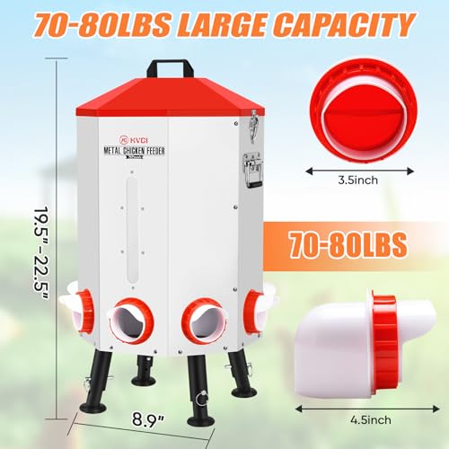 70lbs - 80lbs Large Automatic Chicken Feeder, Adjustable Stand, 8 Feeding Ports, Viewing Window, Sloped Roof Rain Protection Design