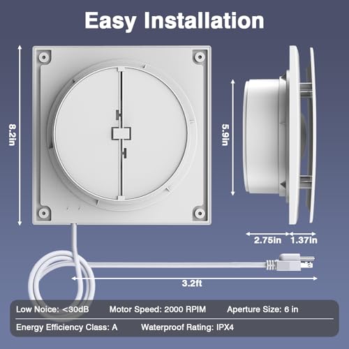 Bathroom Exhaust Fan,6 Inch Small Compact Window Exhaust Fan,Wall Mount Plug In Duct Free Ventless Vent Fan for Bath, Kitchen, Garage,56 CFM Airflow,Quiet 1.5 Sones,Anti-Backflow,Energy-Efficient - size: 6 Inch