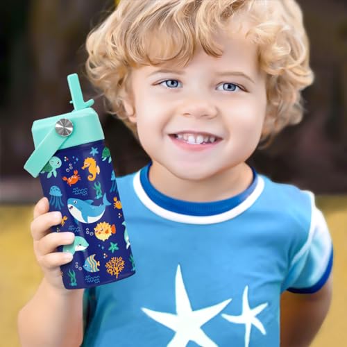 SANDJEST Kids Water Bottle with Straw Lid - 12 Oz Insulated Stainless Steel Ocean Water Bottles for Kid Boys Girls - Travel Cup for School Sports - color: Ocean Animal 2