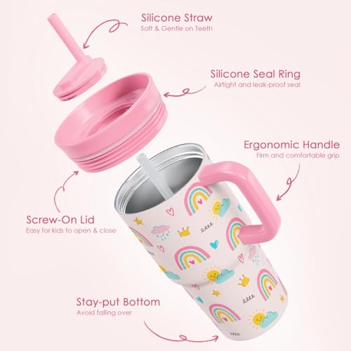 SANDJEST Rainbow Stainless Steel Tumbler 20oz with Handle and Silicone Straw Locking Lid for Kids Girls, Birthday Christmas Back to School - color: Rainbow