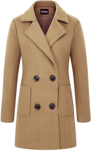 chouyatou Women Elegant Notched Collar Double Breasted Wool Blend Over Coat - color: Camel, size: X-Small
