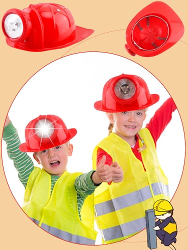 2 Pack Kids Construction Hat Miner Costume Helmet with Light for Boys Girls Dress Up Halloween Party Supplies - color: Red