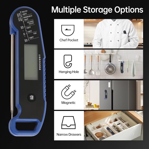 Lonicera Instant-Read Meat Thermometer, 1-Second, IP67 Waterproof, Blue | Thermocouple sensor delivers readings in 1 second with ±0.9°F accuracy, plus IP67 waterproofing, auto-rotate and wake - color: BLUE