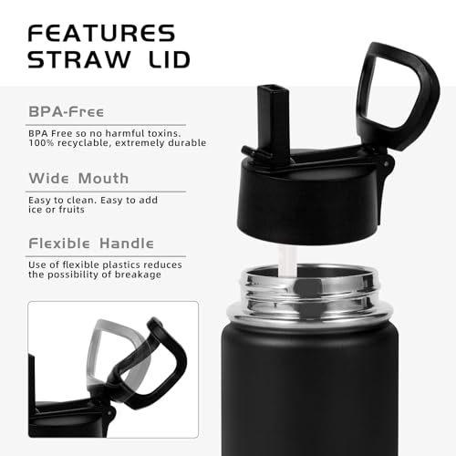 Volhoply 14oz KIds Insulated Stainless Stee Water Bottle with Straw Lid and Silicone Boot,BPA-Free Easy Use for Boys&Girls,Double Wall VacuumLeakproof Bottles(Black,1) - color: Black