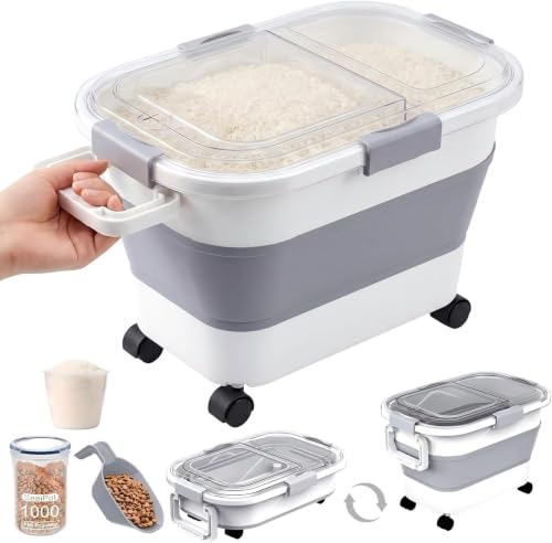 30 Lbs Rice Container, Collapsible Dog Food Storage Container | Airtight Cat Food Container with Wheels, Transparent Lid, Measuring Cup, Scoop and Handle, BPA Free for Pet Food, Bird Seed - size: 30lbs