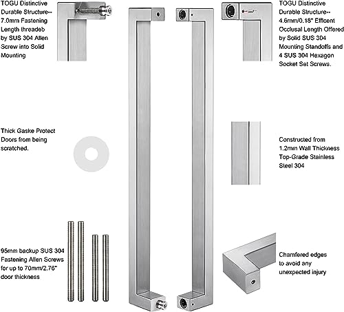 TOGU TG-R3825 60 inches Solid Standoffs Heavy-Duty Commercial Grade-304 Stainless Steel Push Pull Door Handle/Barn Door Pull Handle/Glass Pulls, Full Brushed Stainless Steel Finish - size: 60 in (Length)/1.5 x 0.98 in (Front x Side)