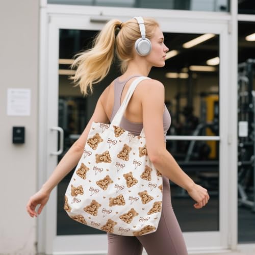 Aesthetic Canvas Tote Bag for Women - with Magnetic Snap Closure & Zipper Inner Pocket Reusable Totes Bag - color: Bear2