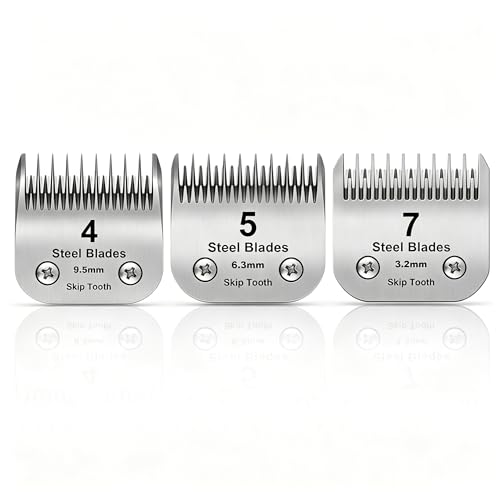 7+5+4 Skip tooth Detachable Pet Dog Grooming Steel Blades Set,Compatible with Andis,Oster A5,Wahl KM10 Series Clippers,Cut Length 1/8"(3.2mm) to 3/8”(9.5mm),3 Pack - size: 7+5+4 Skip tooth Blade