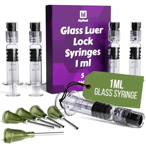 MyMed 5 Pack Borosilicate Glass Luer Lock Syringe 1ml Capacity Reusable Glass Syringes - Use for Arts and Crafts, Thick Liquids, Oils, Vet, Glue, Lab, Ink with GA Blunt Tip Pet Safe Needles - style: Classic