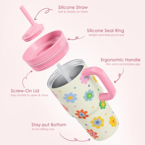SANDJEST Floral Stainless Steel Tumbler 20oz with Handle and Silicone Straw Locking Lid for Kids Girls, Birthday Christmas Back to School - color: Floral