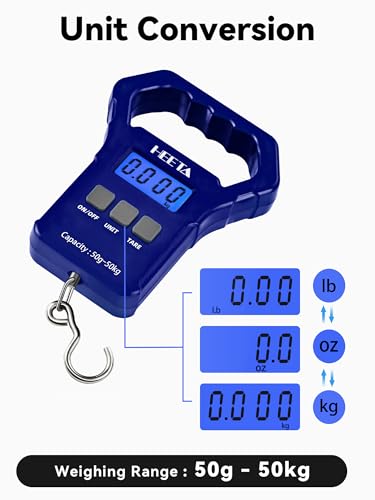 HEETA Fish Scale 110lb/50kg Digital Hanging Fishing Luggage Weight Scale | Portable with Backlit LCD Display, Hook & Non-Slip Large ABS Handle, Fishing Gifts Gear for Men, 2 AAA Batteries Included - color: Blue
