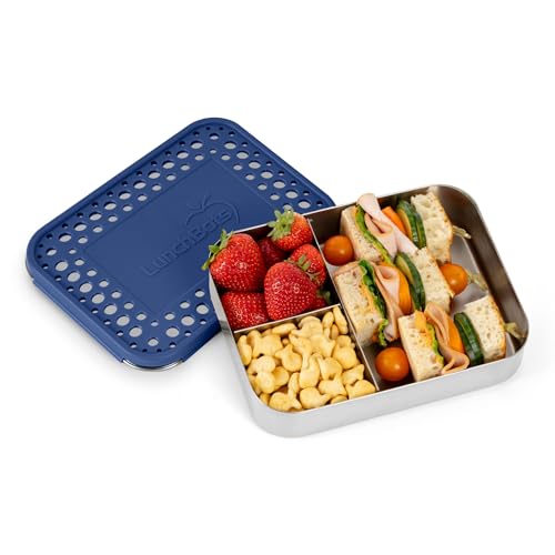 LunchBots Medium Trio Stainless Steel Kids Bento Box 3-Section Blue 32oz - color: Blue Dots, size: 3 Section
