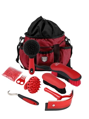 Harrison Howard Horse Grooming Brushes Kit 7 pieces with Organizer Tote Equine Care Series Horse Brush Sets Red - color: Red