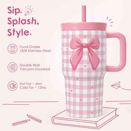SANDJEST Bow Stainless Steel Tumbler 20oz with Handle and Silicone Straw Locking Lid for Kids Girls, Birthday Christmas Back to School - color: Bow 2