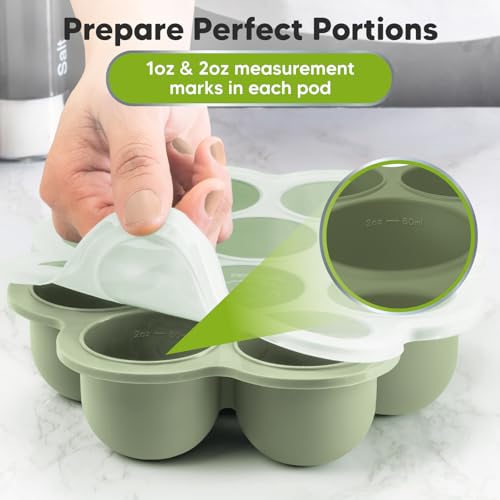 KeaBabies Silicone Food Freezer Trays with Lid, 2oz x 10 Pods (Sage) | Baby Food Storage Containers, Easy Puree Meal Prep, Breast Milk Silicone Freezer Molds, Dishwasher, Microwave Safe, BPA-Free - color: Sage
