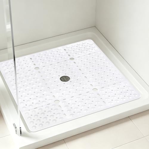 ZOESOE Square Shower Mat Non Slip: 27 x 27 Inches Large Shower Mats for Inside Shower, Soft TPE Shower Floor Mat with Suction Cups and Drain Holes, Machine Washable - color: White