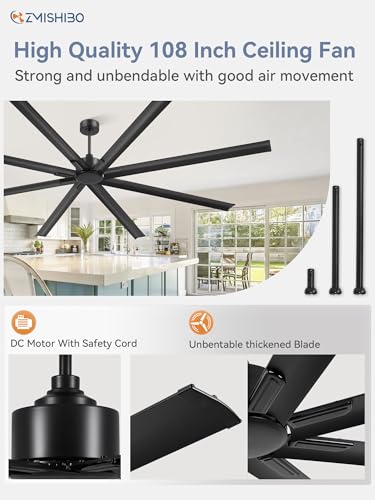 ZMISHIBO 108 Inch Industrial Ceiling Fan without Light, 8 Aluminum Blades | DC Motor, Damp Rated, 6 Speeds, Remote Control, 3 Downrods, Flat/Sloped Ceiling, Commercial, Farmhouse, Garage, Warehouse - color: Black, size: 108inch