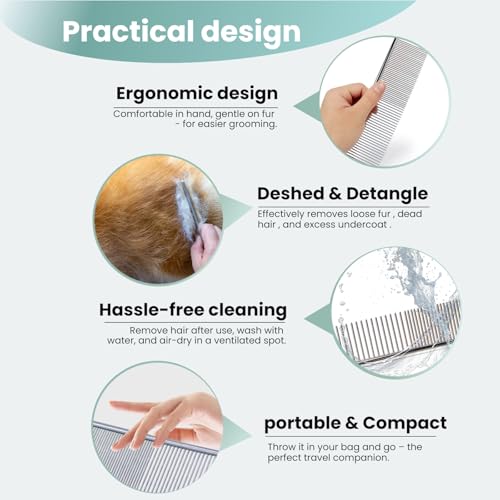 MEDUWEDU [3 Pack] Stainless Steel Pet Comb Set – Grooming Combs for Dogs & Cats, Large Medium Small Sizes – for Long, Short, Curly Hair, Detangling Matted or Knotted Undercoat Hair