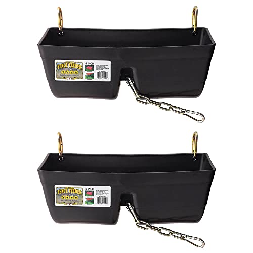 Little Giant FF16BLACK 9 Quart Heavy Duty Plastic Feed Trough Bucket Fence Feeder with Clips for Livestock & Pets, Black (2 Pack)