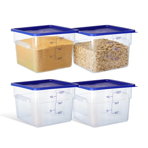 4 Pack 12QT Square Food Storage Containers with Lids | Clear NSF polycarbonate containers with scale, label and measuring cup, stackable for prep, storage, freezer. Dishwasher safe - color: 12Qt-New Version