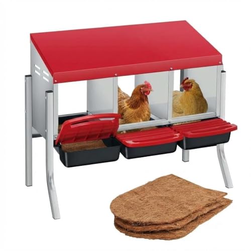 Chicken Nesting Boxes, Heavy-Duty 8-Compartment Metal Chicken Nesting Box – Removable Tray, Ventilation Holes, Easy Egg Collection, Rustproof Galvanized Steel - Red - 3 - Slot - with Legs - color: Red, size: 3 - Slot - With Legs - Upgraded Version