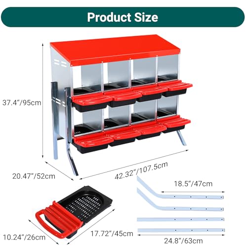 Chicken Nesting Box, 8 Hole 2 Layer Hen Nest Boxes with Legs, Roll Away Eggs Laying Boxes,Cleanable Pull Out Hen Roosting Boxes - size: Red- 8 compartment with legs