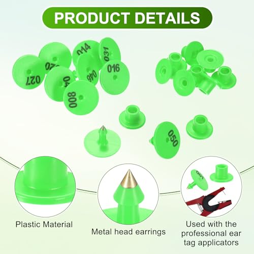 M METERXITY 100-Pack Cattle Ear Tags 001-100 Number, Plastic Round Livestock Tags with 2 Ear Label Needles for Cows/Sheep/Cattle/Pig, Farm Animal Identification Markers [Green] - color: Green
