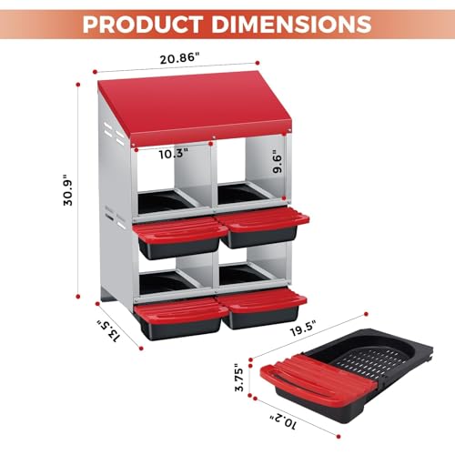4-Compartment Chicken Nesting Box, Heavy Duty Galvanized Steel Poultry Nest Box, Wall Mount/Freestanding Design for Hens, Ducks, Backyard Homesteads & Farm Use, Red, with Legs, No Stand - color: Red, size: 4 Room&Legs
